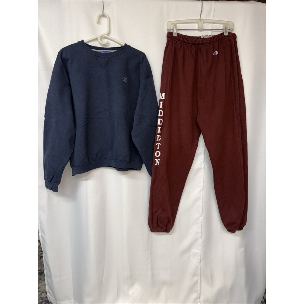 VTG Champion Set (2) Sz L Reverse Weave Logo Sweatshirt & Jogger Pants Blue Red